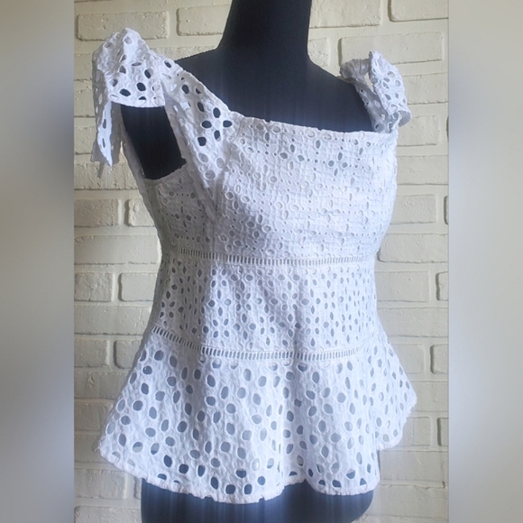 NWT Rebecca Taylor Amora Off The Shoulder Eyelet Lace Peplum Top White Size 8 - Picture 15 of 16